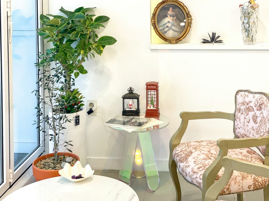 Sala clara com plantas e poltrona floral